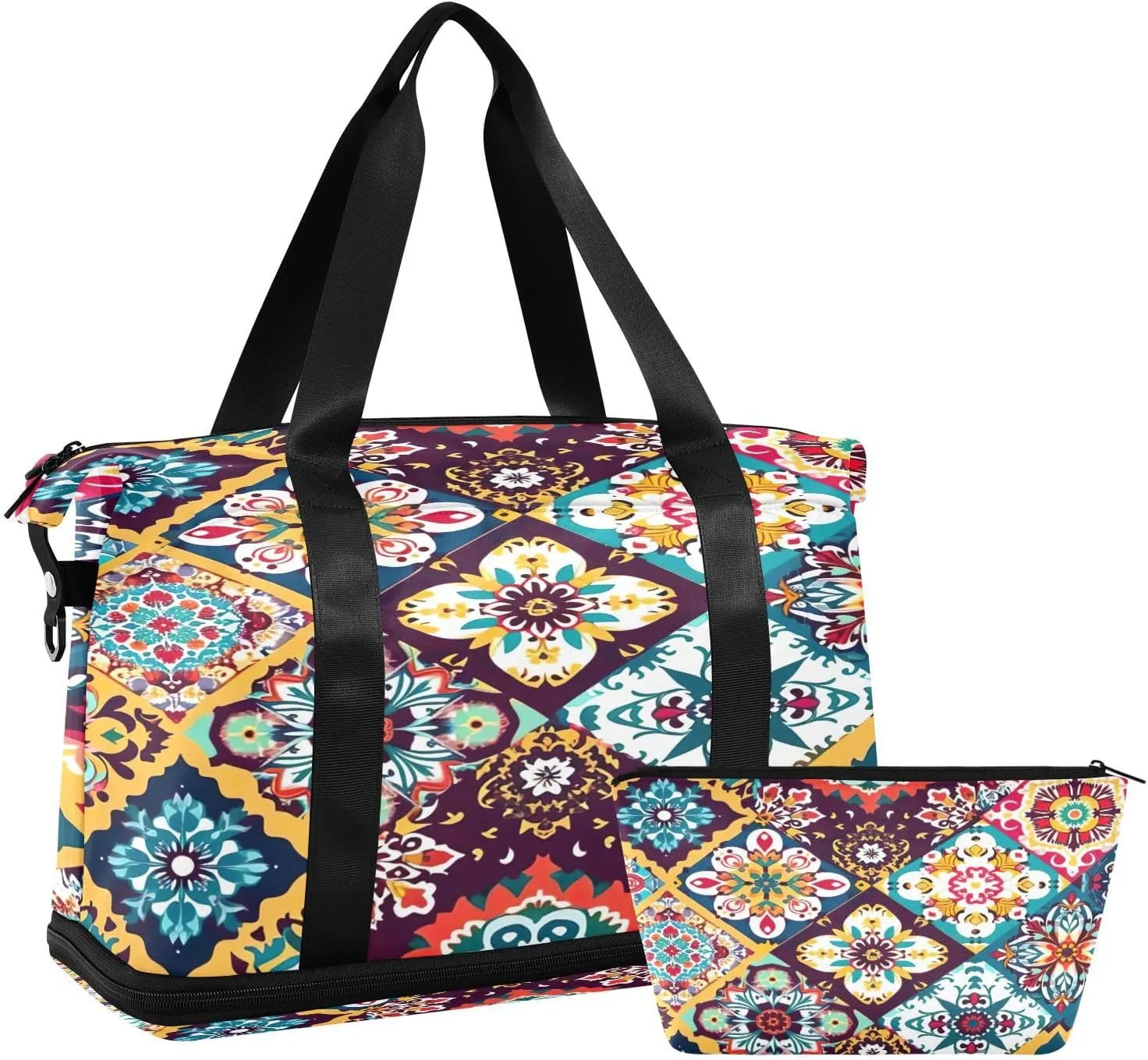 Mexican Ceramic Tile Sports Gym Bag,Travel Duffel bag with Wet Pocket & Shoes Compartment Lightweight Waterproof Overnight Bag for Men Women