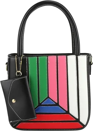 Mini Tote Bag Color Collision Handbag PU Crossbody Bag for Women Office Date Casual