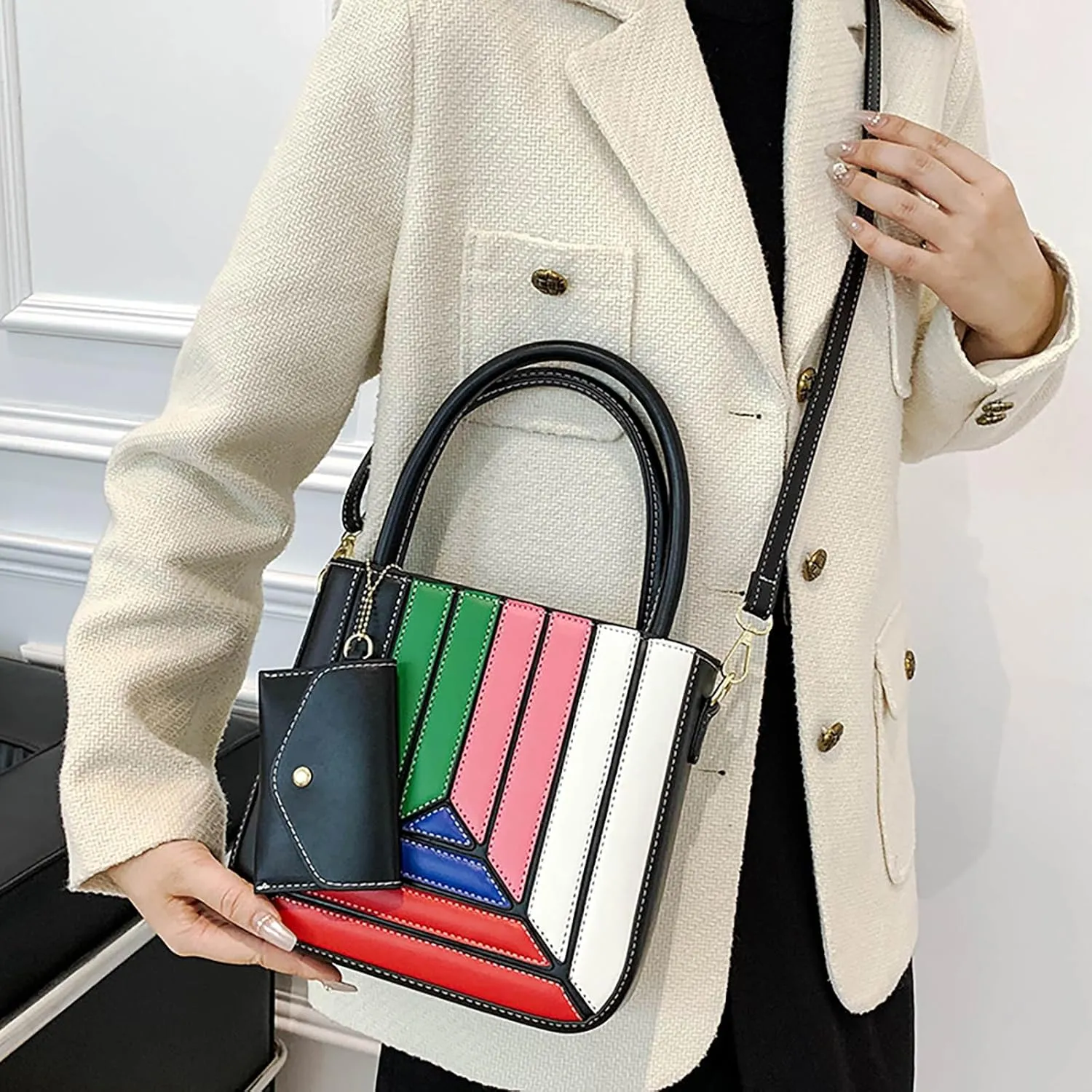 Mini Tote Bag Color Collision Handbag PU Crossbody Bag for Women Office Date Casual