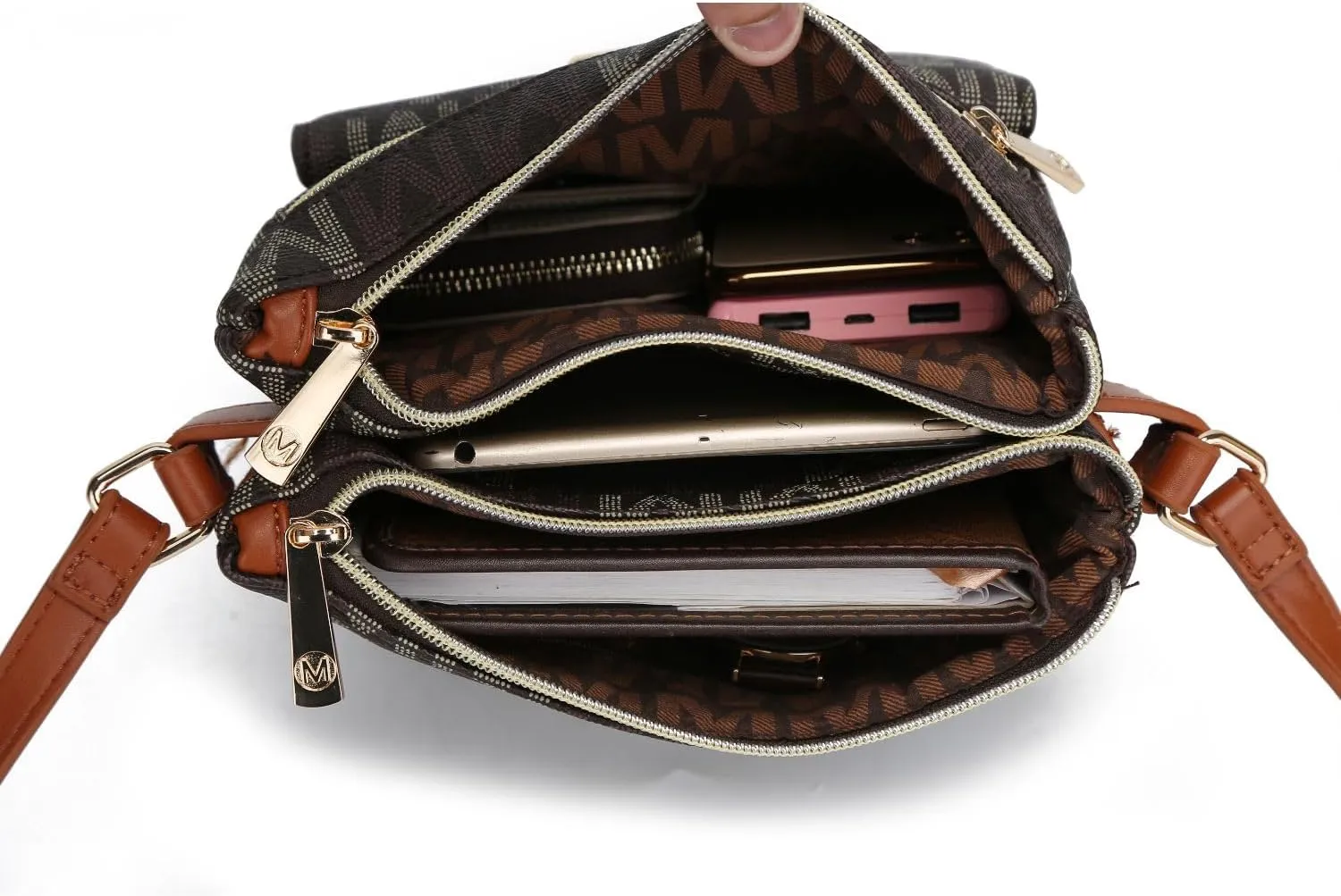 MKF Crossbody Bag for Women – PU Leather Pocketbook Handbag Triple Compartment Messenger Purse – Shoulder Strap
