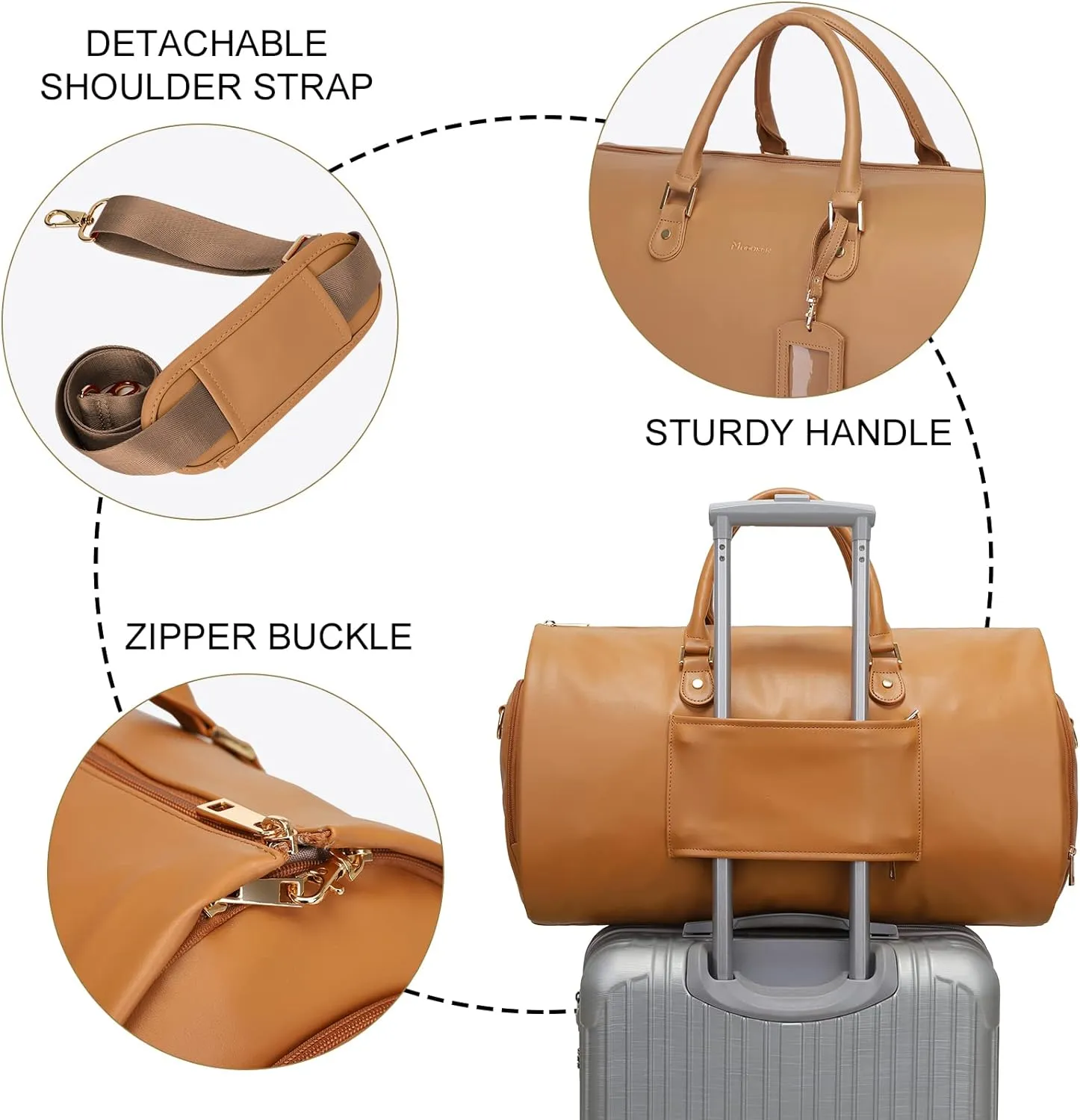 Modoker Women Convertible Leather Garment Bag with Shoulder Strap, PU Leather Garment Duffel Bag Carry on 2 in 1 Hanging Suitcase Suit Travel Bags, Coffee