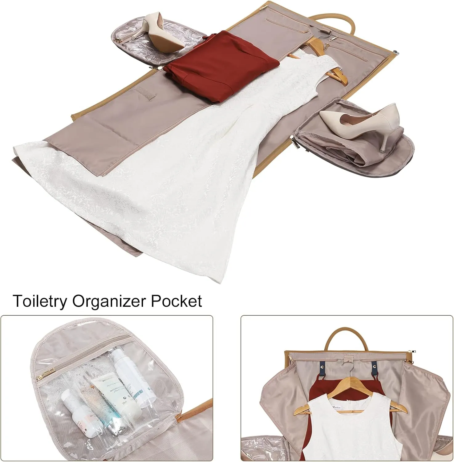 Modoker Women Convertible Leather Garment Bag with Shoulder Strap, PU Leather Garment Duffel Bag Carry on 2 in 1 Hanging Suitcase Suit Travel Bags, Coffee