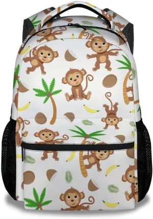 Monkey Backpack for Girls, Boys - 16 Inches Cartoon Backpacks for Students - White Lightweight Bookbag for Kindergarten