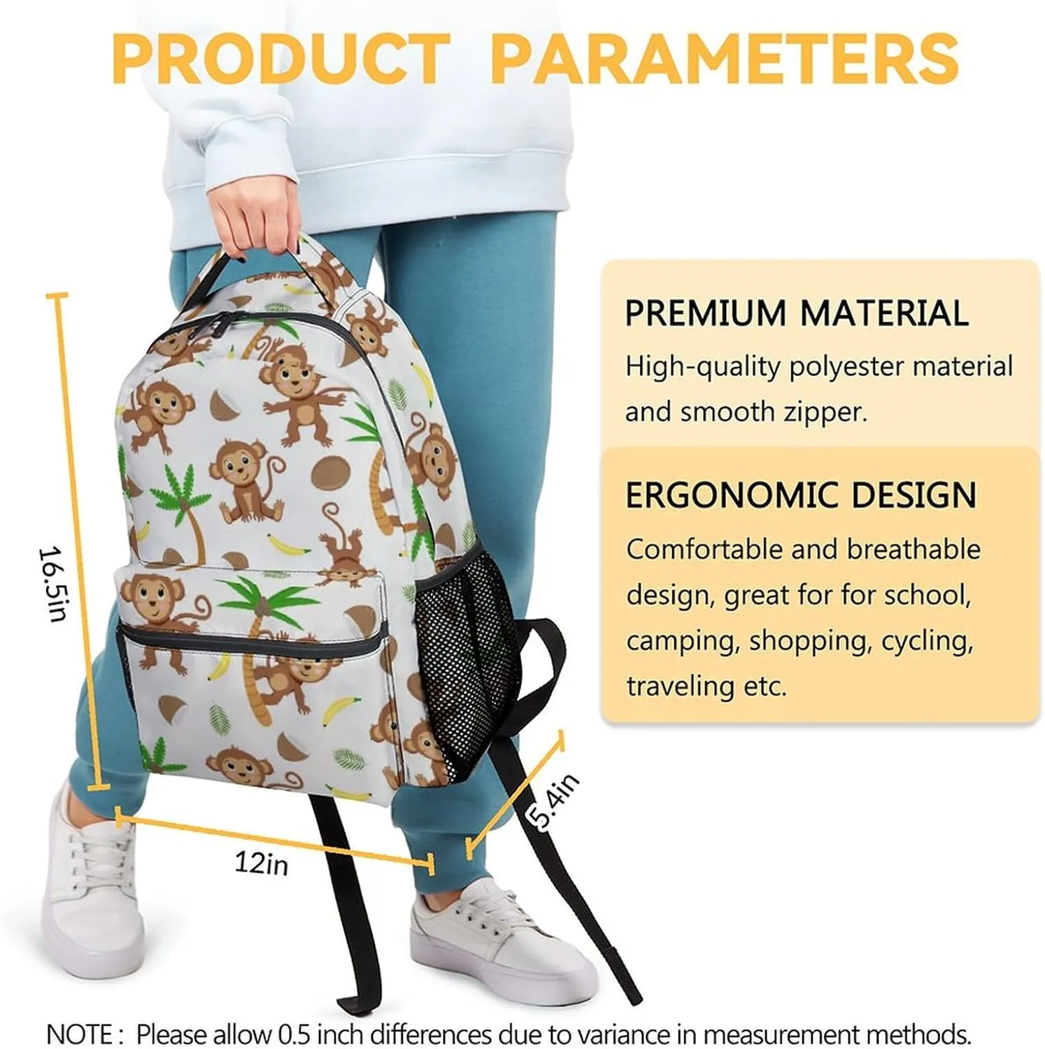 Monkey Backpack for Girls, Boys - 16 Inches Cartoon Backpacks for Students - White Lightweight Bookbag for Kindergarten