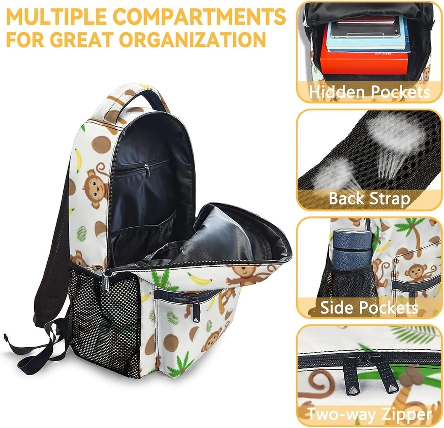 Monkey Backpack for Girls, Boys - 16 Inches Cartoon Backpacks for Students - White Lightweight Bookbag for Kindergarten