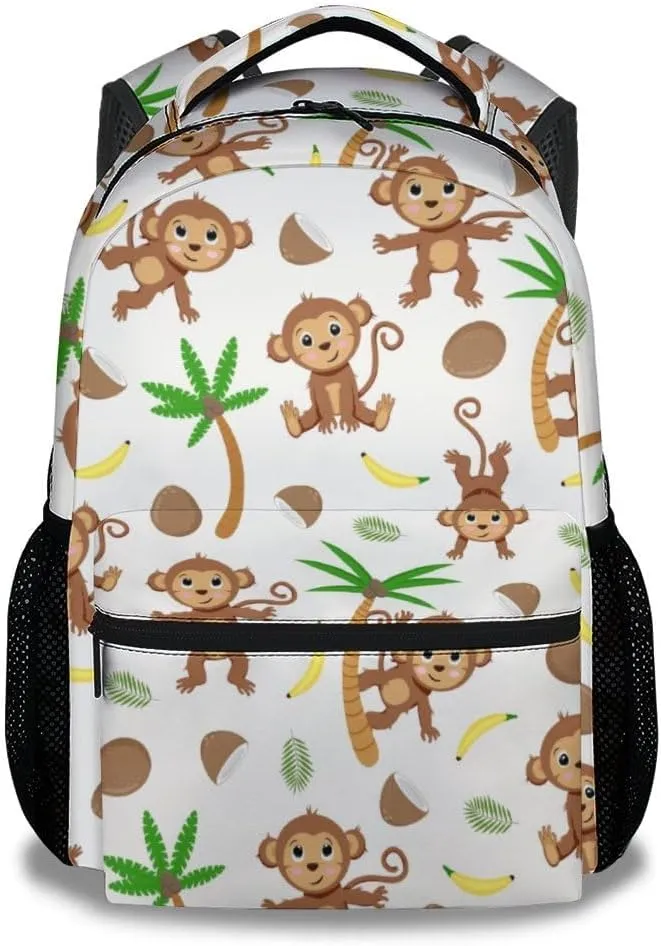 Monkey Backpack for Girls, Boys - 16 Inches Cartoon Backpacks for Students - White Lightweight Bookbag for Kindergarten