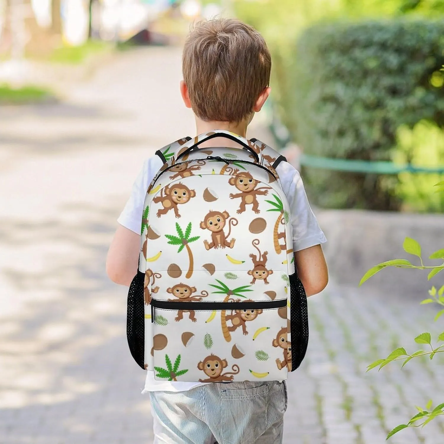 Monkey Backpack for Girls, Boys - 16 Inches Cartoon Backpacks for Students - White Lightweight Bookbag for Kindergarten