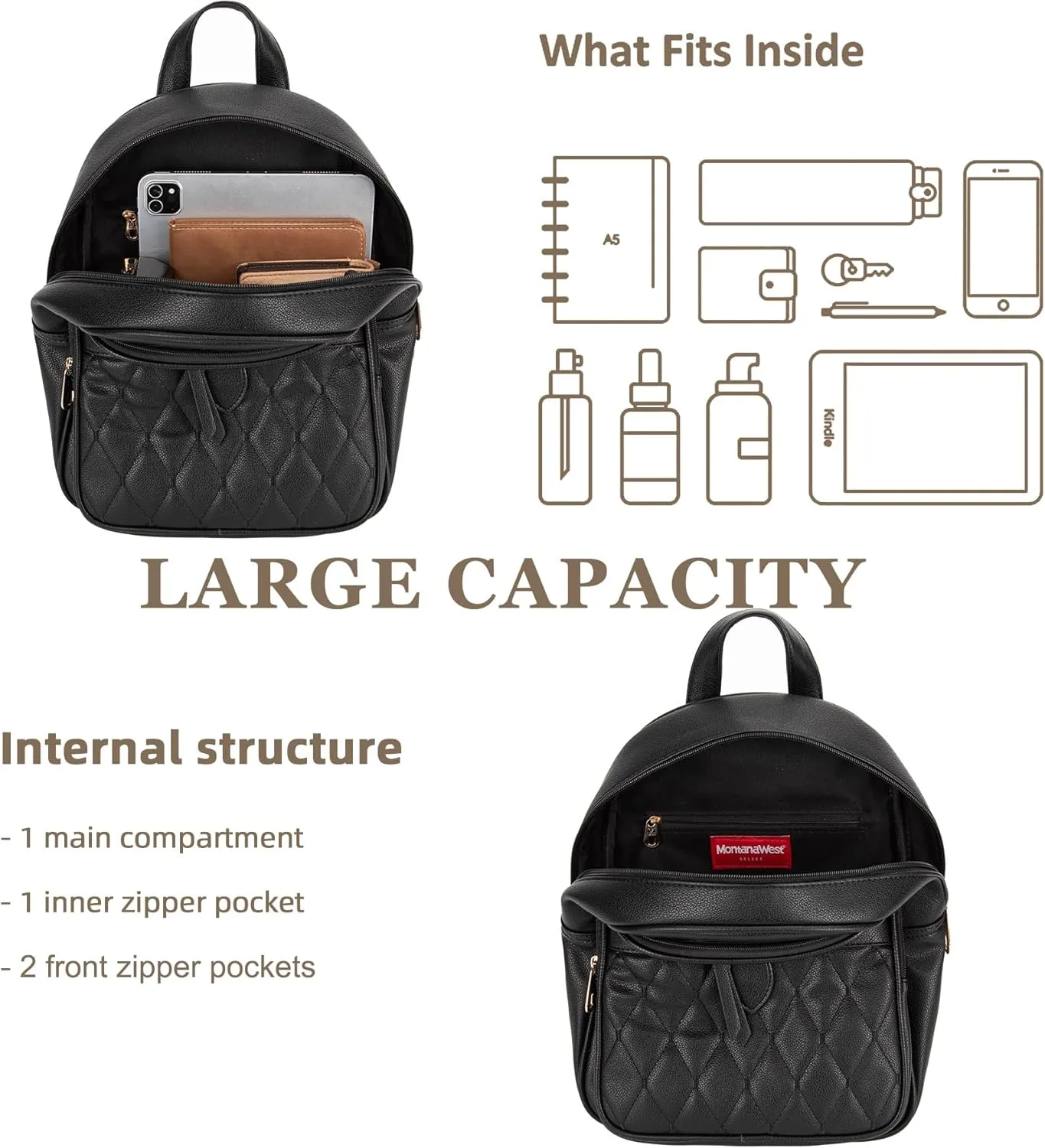Montana West 3Pcs Anti Theft Backpack Purse for Women Small Quilted Backpack Set