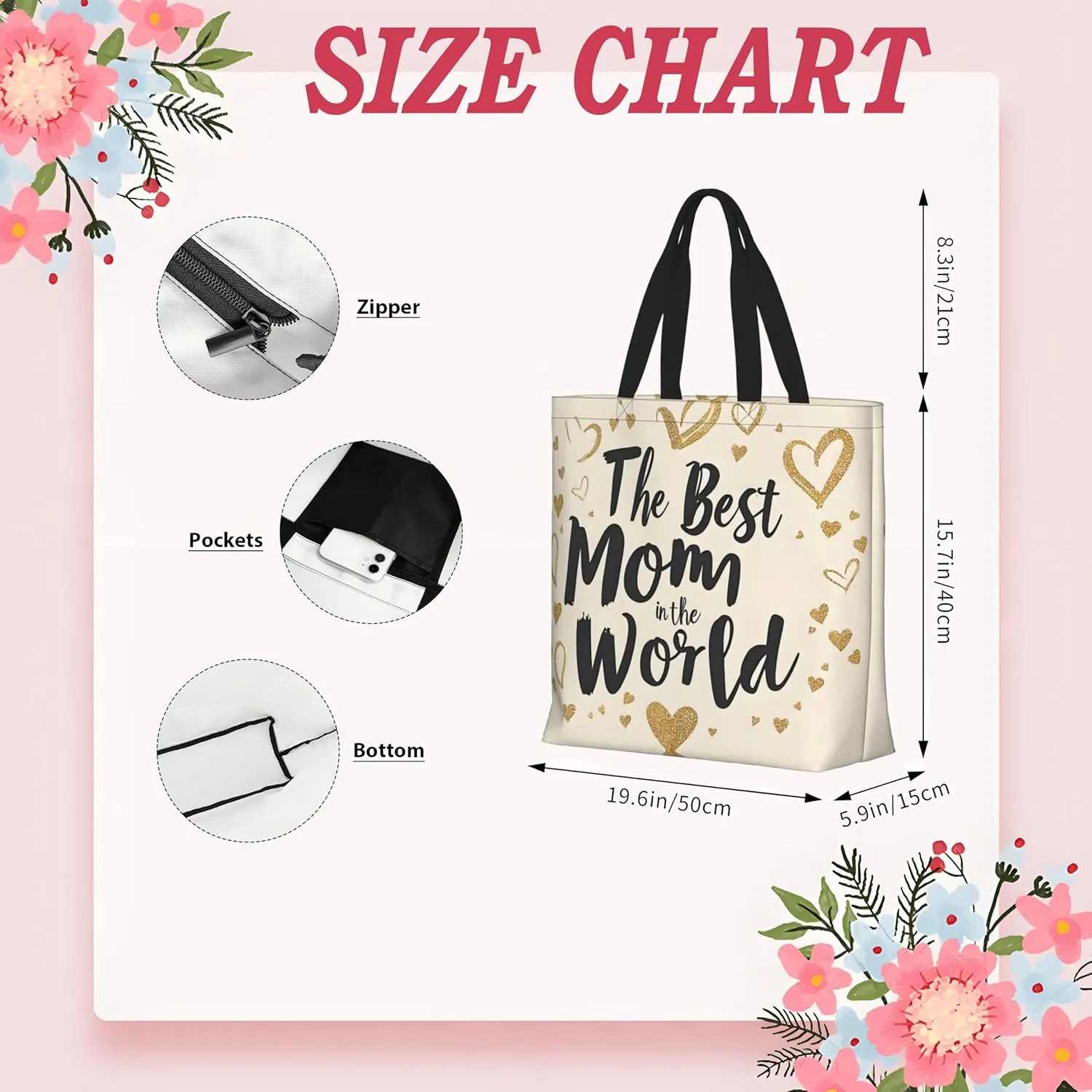 Mothers Day Tote Bag With Zipper Women Mom Bags Large Mama tote bag Reusable With Handles Mother Gifts
