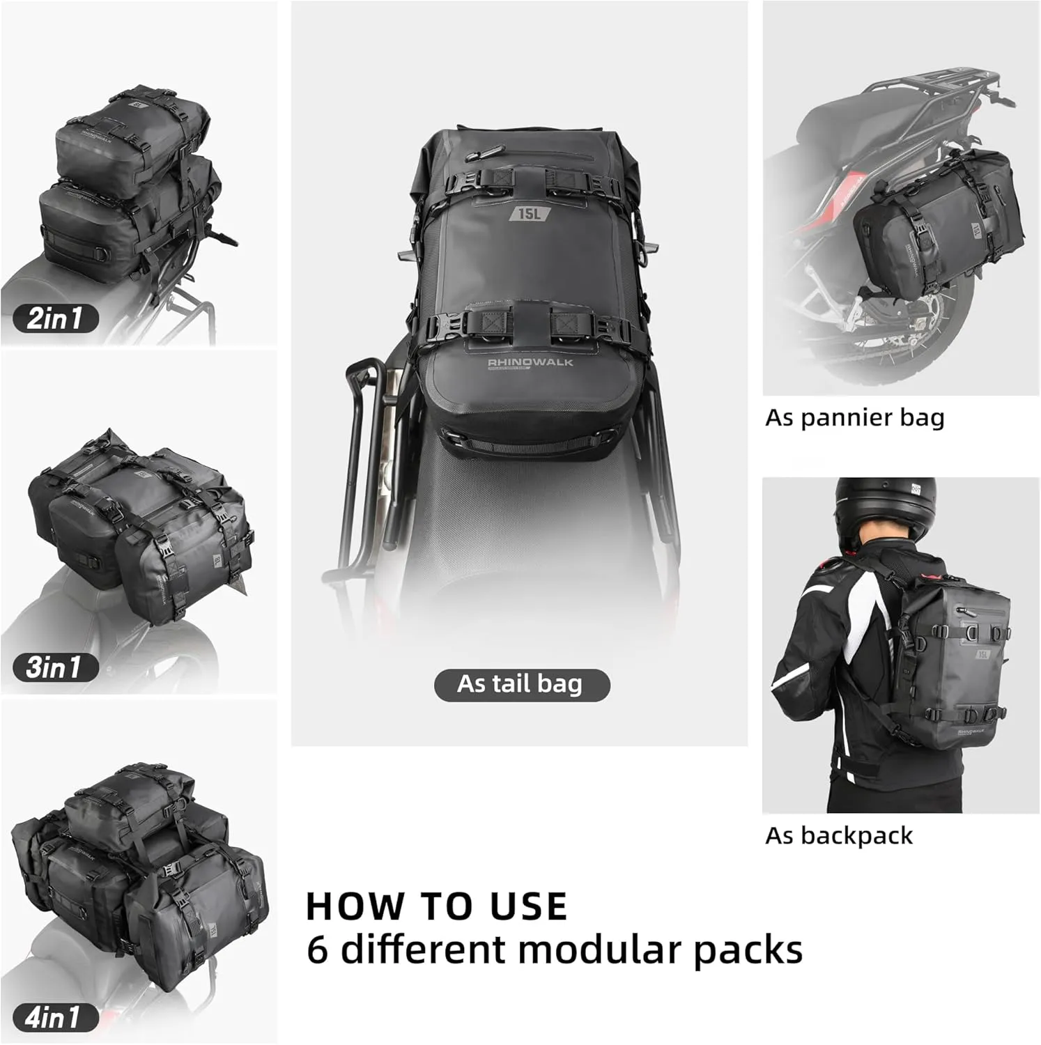 Motorcycle Tail Bag Waterproof Rear Rack Trunk Rhinowalk Motorcycle Seat Bag(Black, 15L)