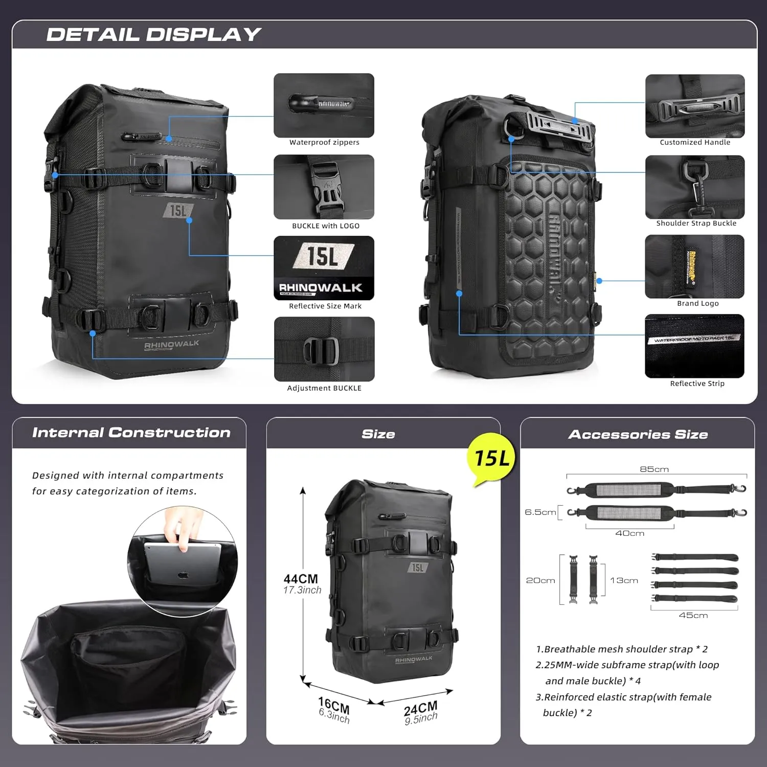 Motorcycle Tail Bag Waterproof Rear Rack Trunk Rhinowalk Motorcycle Seat Bag(Black, 15L)