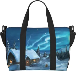 Mountain Cottage In Snow And Northern Lights Travel Bag for Women Men Weekender Bags Carry on Overnight Bag Tote Bag Yoga Gym Bag for Gym, Work, Travel, Weekend, Personal Items