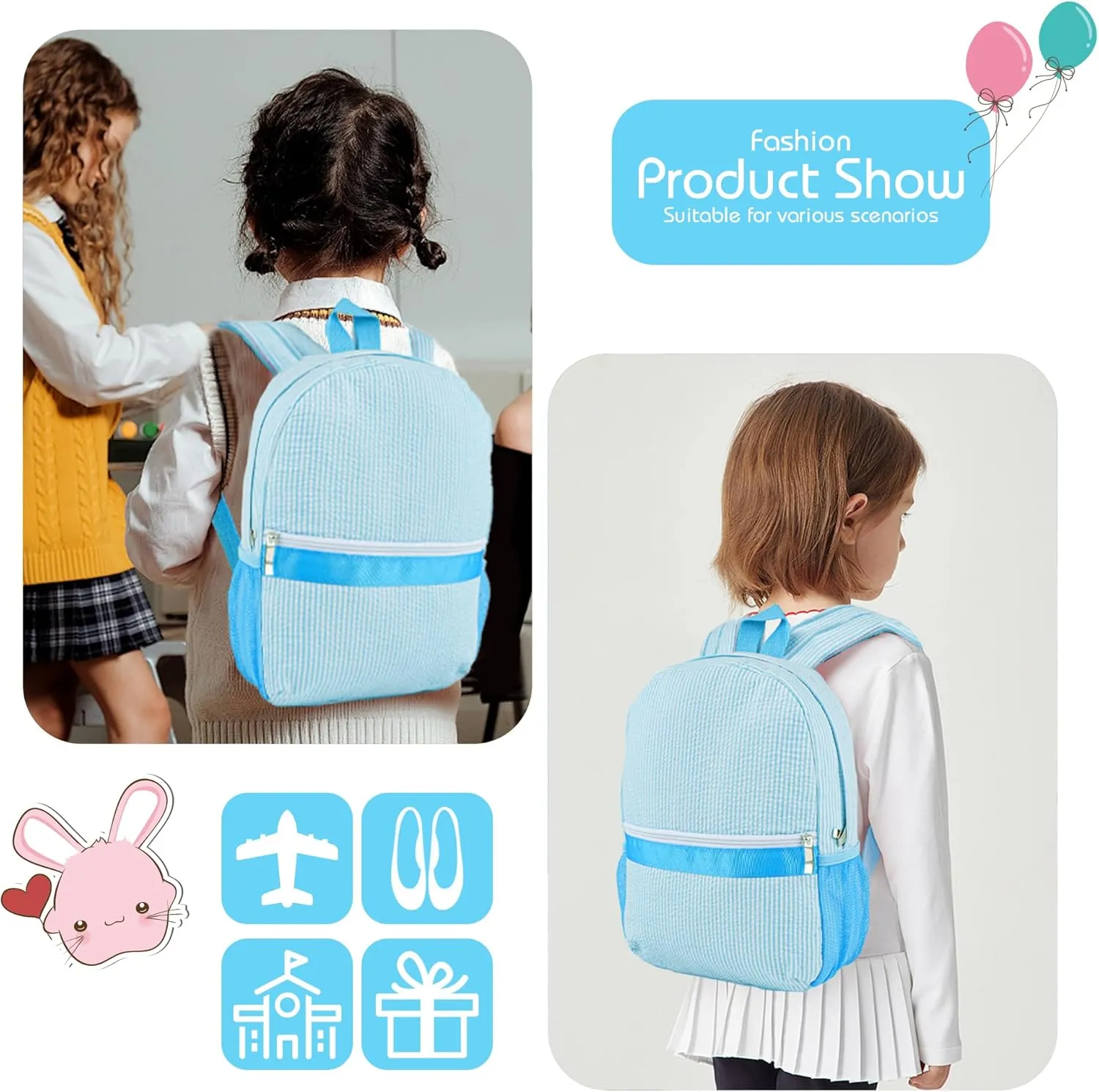MT WORLD Daycare Backpack for Kids 2-4 Personalized Seersucker Toddler Backpack Small Kids Backpack Preppy Preschool Packpacks Kindergarten Backpack for Daily School Birthday Gifts(Aqua)