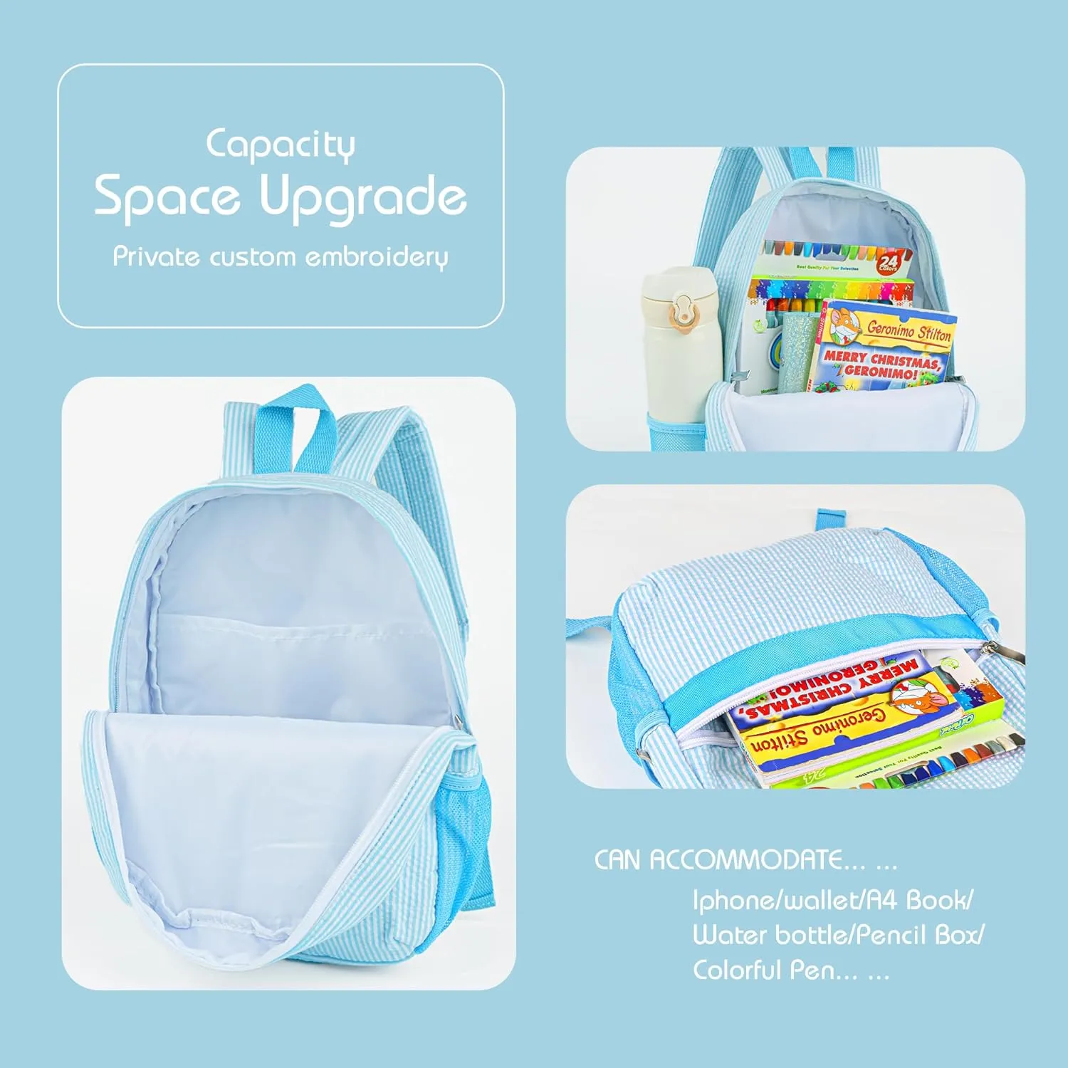 MT WORLD Daycare Backpack for Kids 2-4 Personalized Seersucker Toddler Backpack Small Kids Backpack Preppy Preschool Packpacks Kindergarten Backpack for Daily School Birthday Gifts(Aqua)