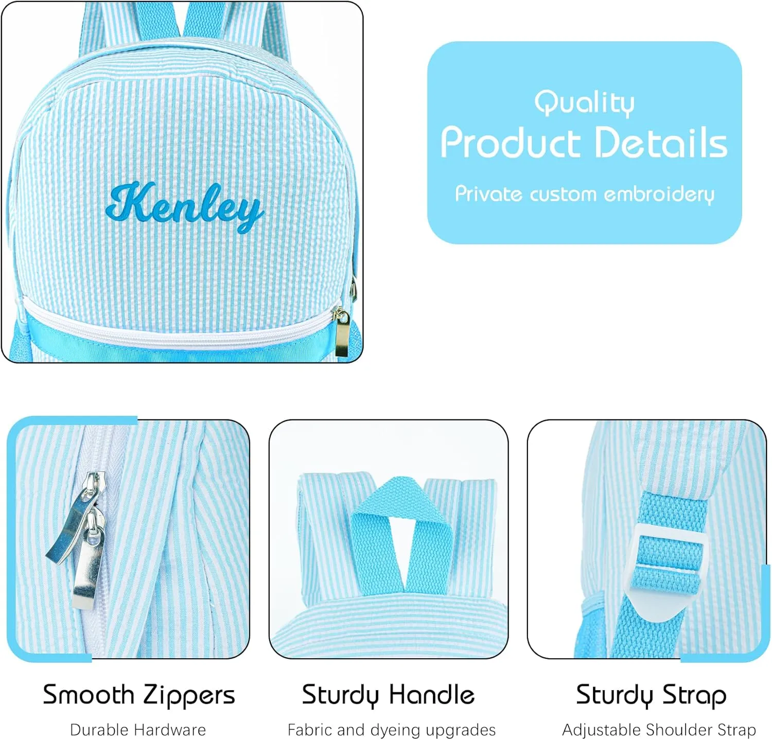 MT WORLD Daycare Backpack for Kids 2-4 Personalized Seersucker Toddler Backpack Small Kids Backpack Preppy Preschool Packpacks Kindergarten Backpack for Daily School Birthday Gifts(Aqua)