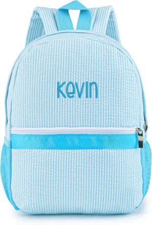 MT WORLD Daycare Backpack for Kids 2-4 Personalized Seersucker Toddler Backpack Small Kids Backpack Preppy Preschool Packpacks Kindergarten Backpack for Daily School Birthday Gifts(Aqua)