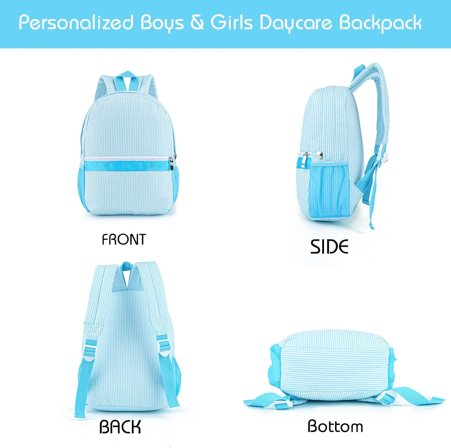 MT WORLD Daycare Backpack for Kids 2-4 Personalized Seersucker Toddler Backpack Small Kids Backpack Preppy Preschool Packpacks Kindergarten Backpack for Daily School Birthday Gifts(Aqua)