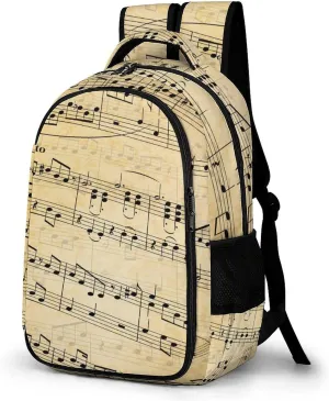 Music Notes on Stave Large Travel Backpack Abstract Old Paper Bags Daypack Laptop Work Computer Hiking Back Packs with Multiple Pockets