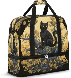 Mystical Black Cat Travel Duffel Bag, Travel Essentials, Gym Bag for Women, Weekender Overnight Bag With Shoes Compartment, Carry On Bags for Airplanes