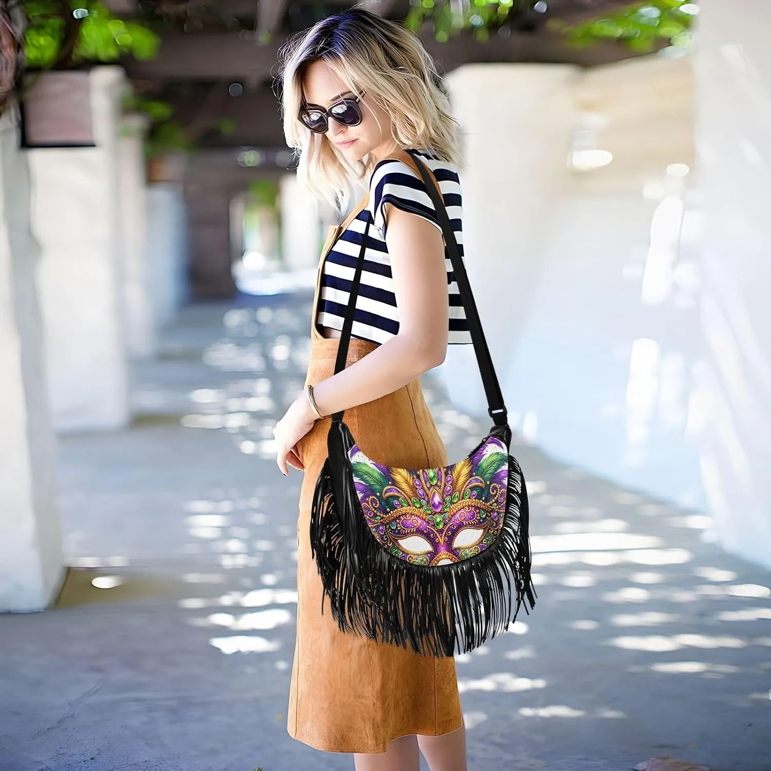 Mythical Goddess and Leopard Fringe Purse Cross Body Tassel Crossbody Purse Boho Shoulder Bag Hippie Bags for Women