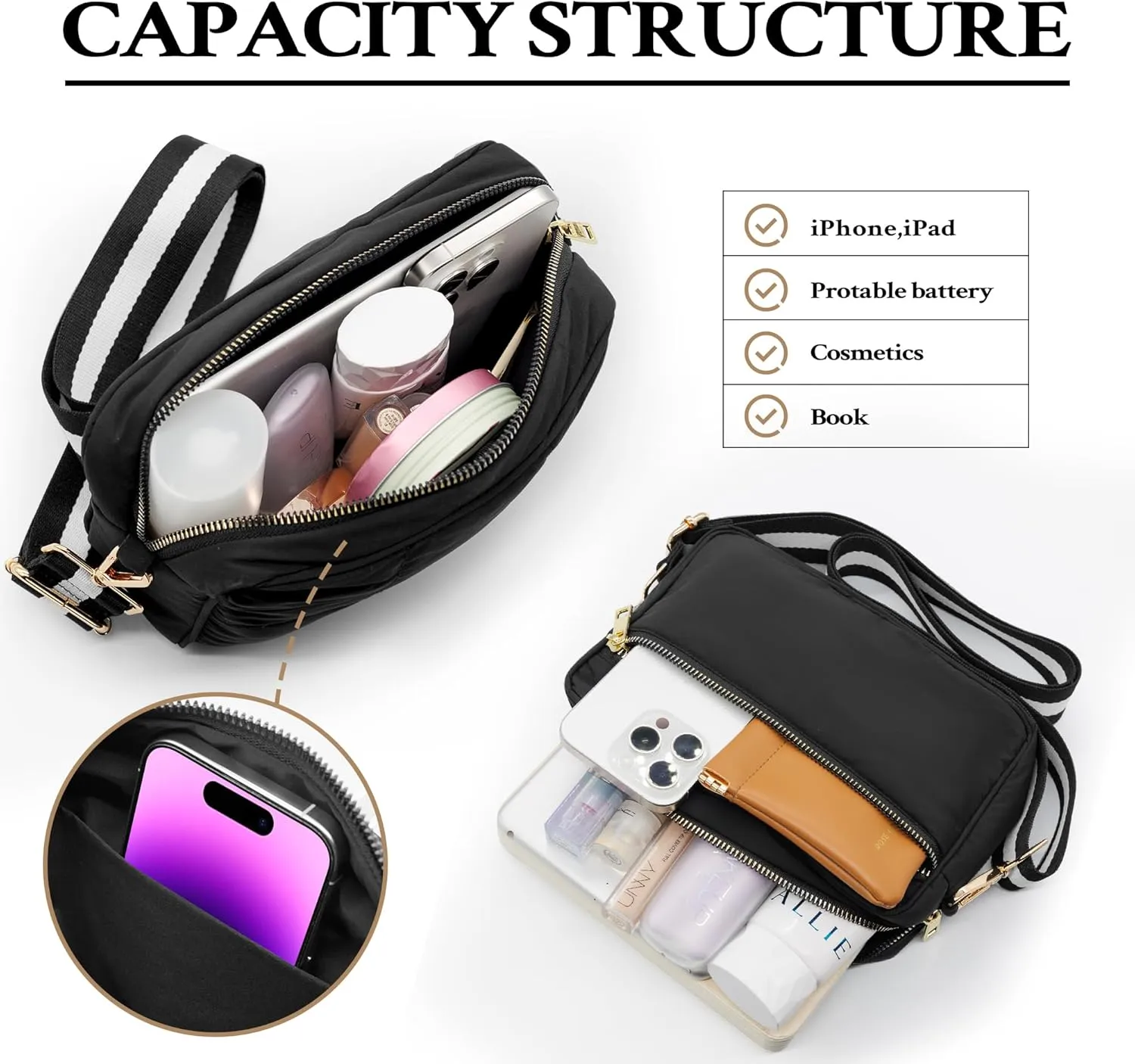 NAARIIAN Crossbody Bags for Women Small Puffy Quilted Purses Shoulder Handbags Adjustable strap Cute Everyday Bag