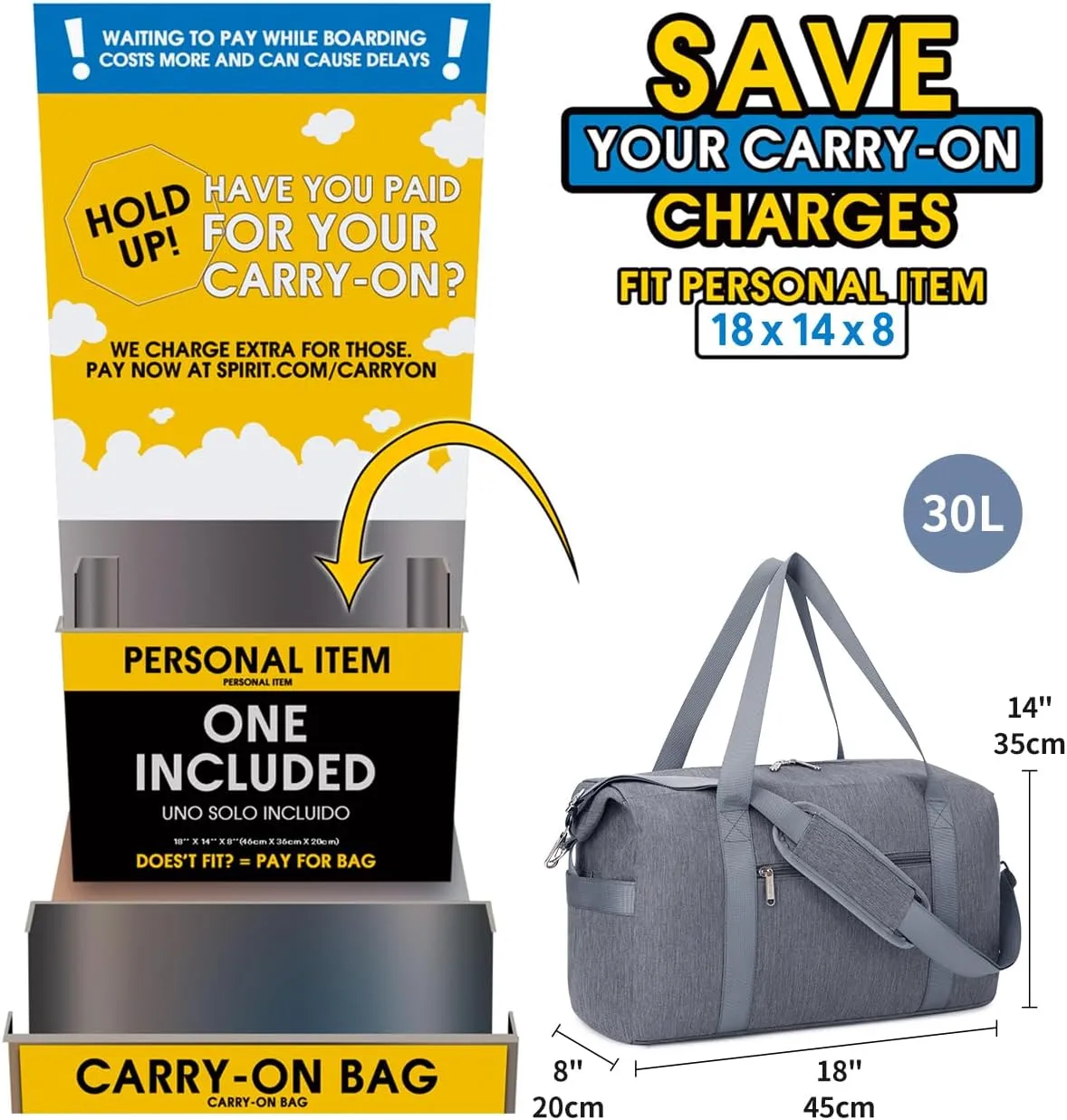 Narwey For Spirit Airlines Personal Item Bag 18x14x8 Travel Duffel Bag Carry on Bag Underseat for Airplane with Wet Pocket Small Gym Bag Weekender Overnight for Women and Men (Grey)