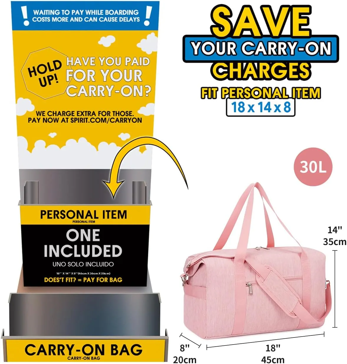 Narwey Weekender Bag for Women - Overnight Travel Duffel, Hospital, Spirit Airlines Personal Item 18x14x8, Carry-on Underseat With Wet Pocket, Small Gym (Pink)