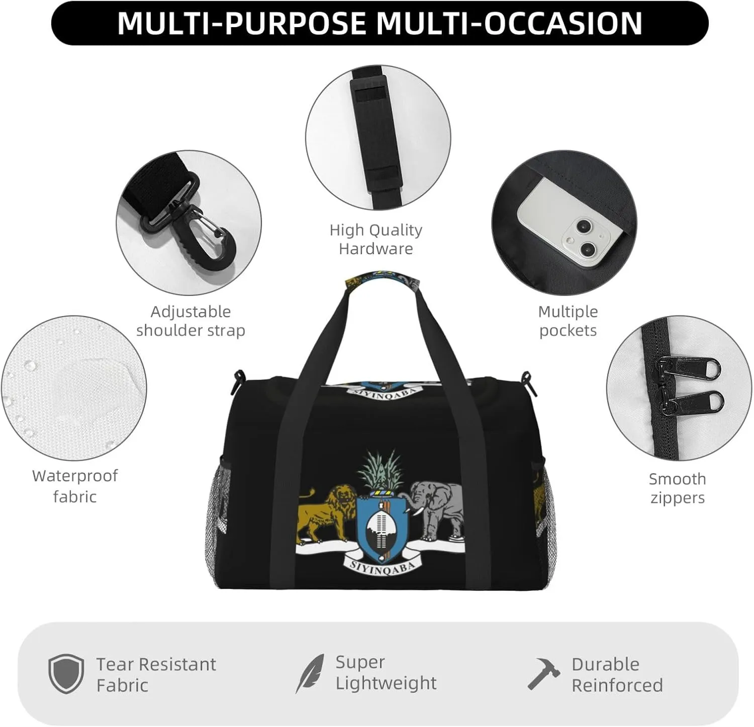 National Emblem Of Eswatini Travel Duffel Bag Large Foldable Waterproof Overnight Bag For Beach Swim Bags Pool Sports Gym