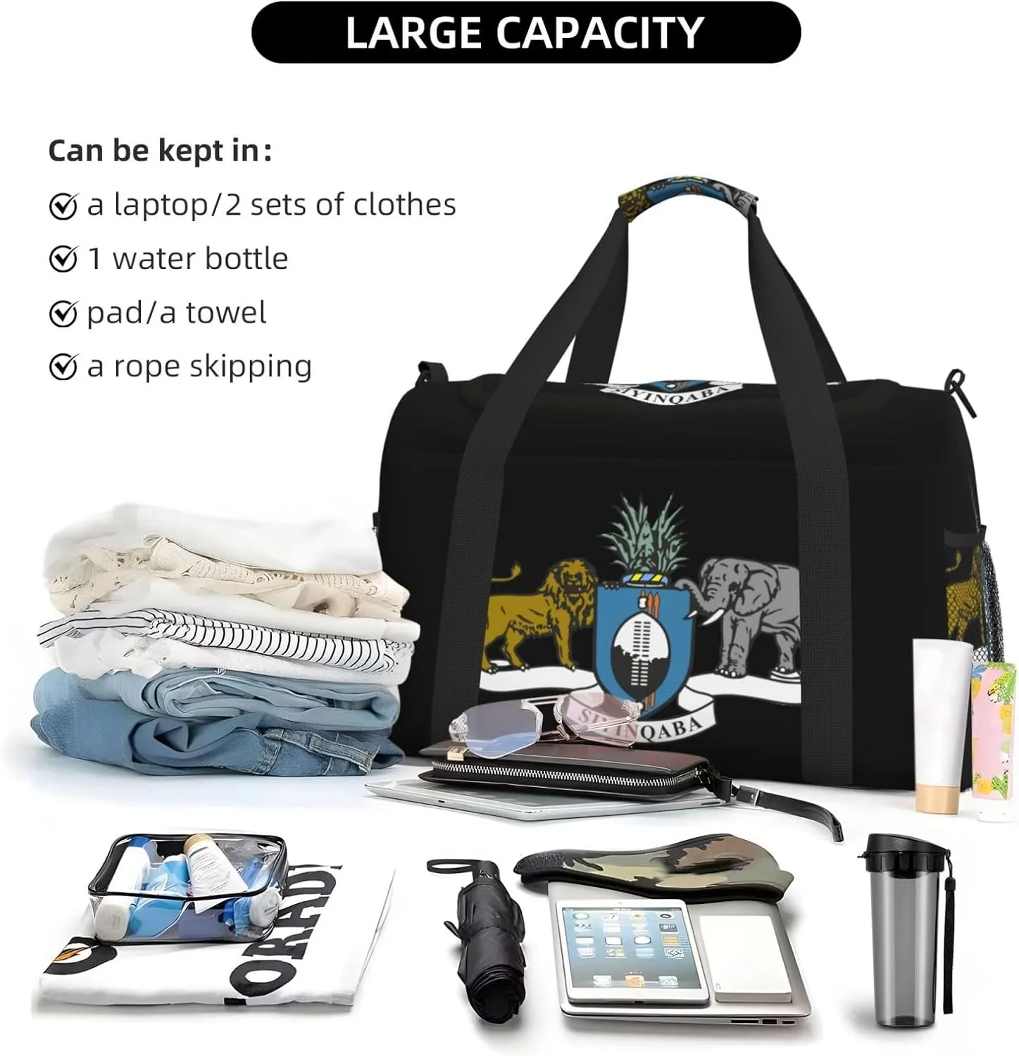 National Emblem Of Eswatini Travel Duffel Bag Large Foldable Waterproof Overnight Bag For Beach Swim Bags Pool Sports Gym