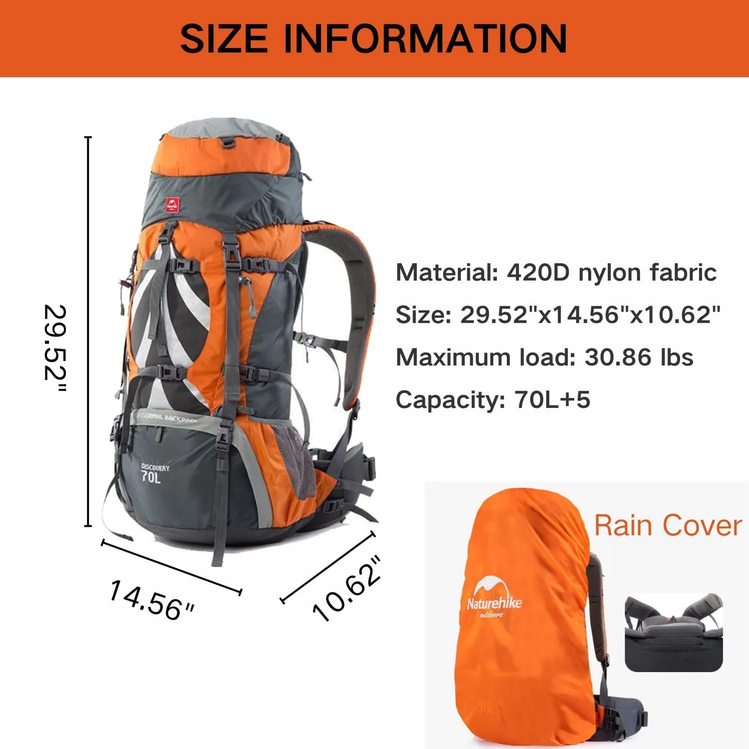 Naturehike 70 5L Lightweight Hiking Backpack, Tear-resistant Fabrics-Light CR Carrying System-Comfortable Weight-Bearing(Gray)