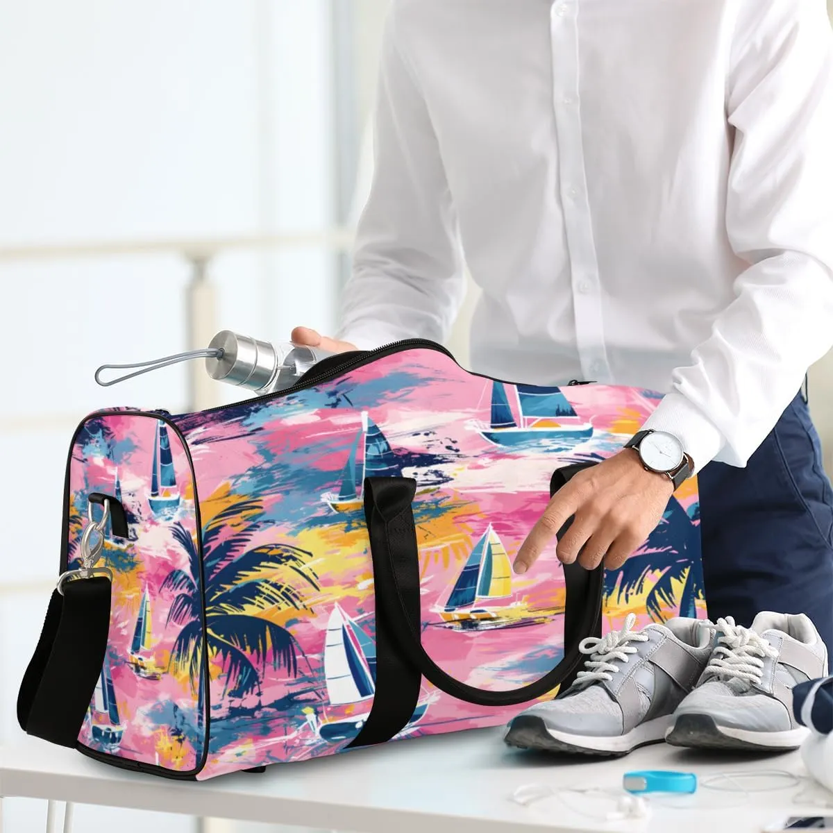 Nautical Sailboat Travel Duffle Bag, Sports Gym Bags for Women Men, Carry On Weekender Overnight Bag, Ocean Beach Workout Hospital Airplane Trips Bag