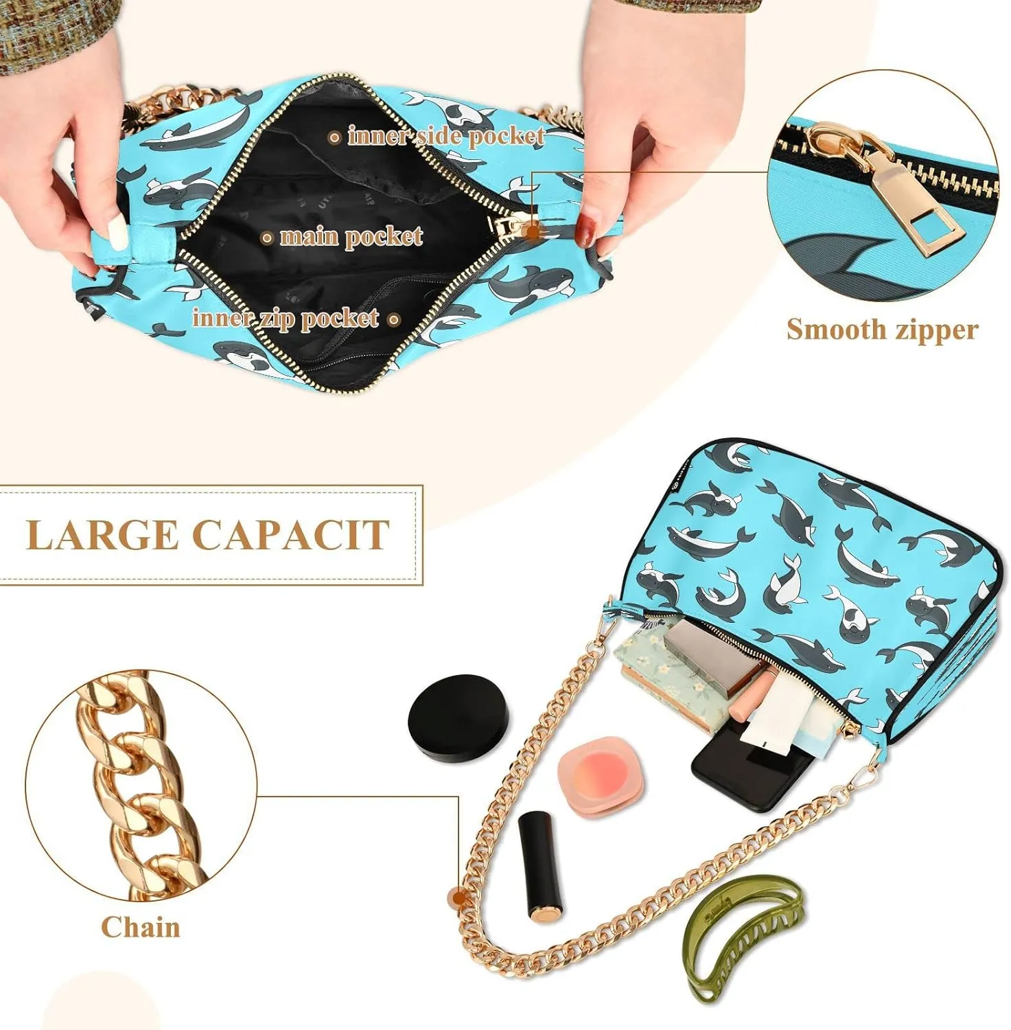 Ocean Theme Shoulder Purses for Women,Ocean Theme Shoulder Bag Purse Womens Crescent Crossbody Bag
