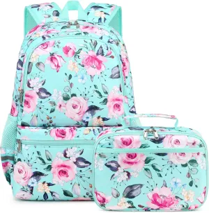Octsky Backpack for Girls Kids Teens School Bookbags with Lunch Box Water-repellent Lightweight Floral Lake