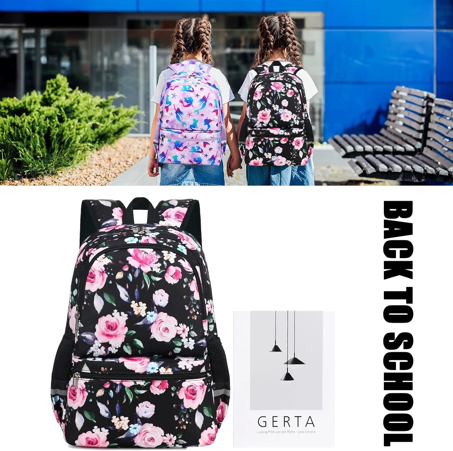 Octsky Backpack for Girls Kids Teens School Bookbags with Lunch Box Water-repellent Lightweight Floral Lake