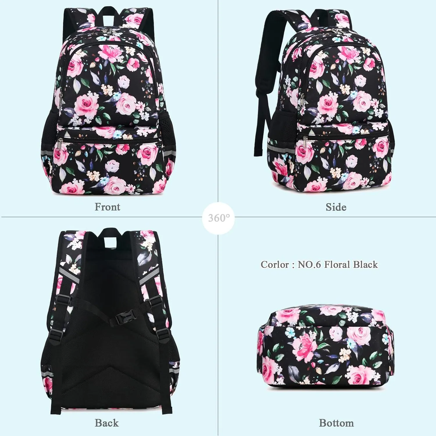 Octsky Backpack for Girls Kids Teens School Bookbags with Lunch Box Water-repellent Lightweight Floral Lake