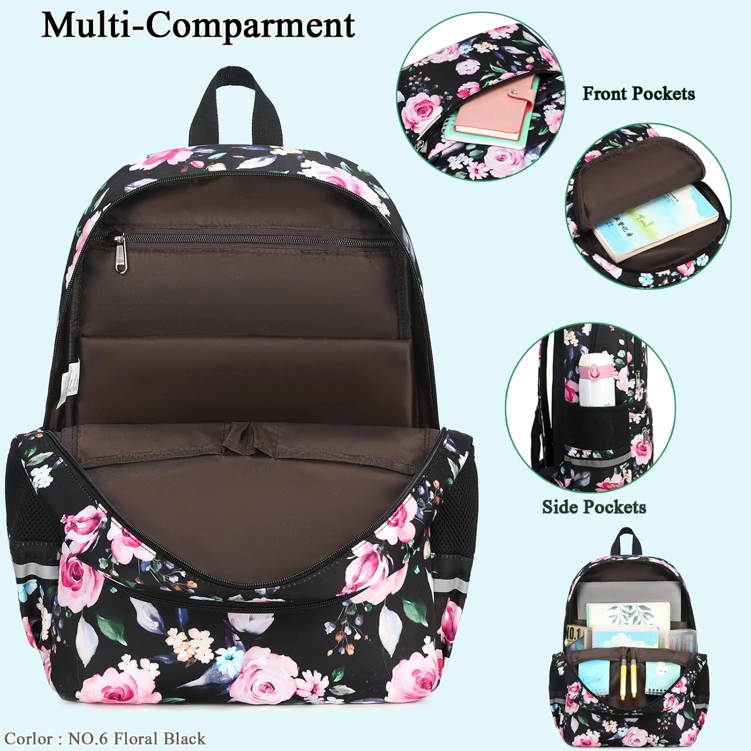 Octsky Backpack for Girls Kids Teens School Bookbags with Lunch Box Water-repellent Lightweight Floral Lake