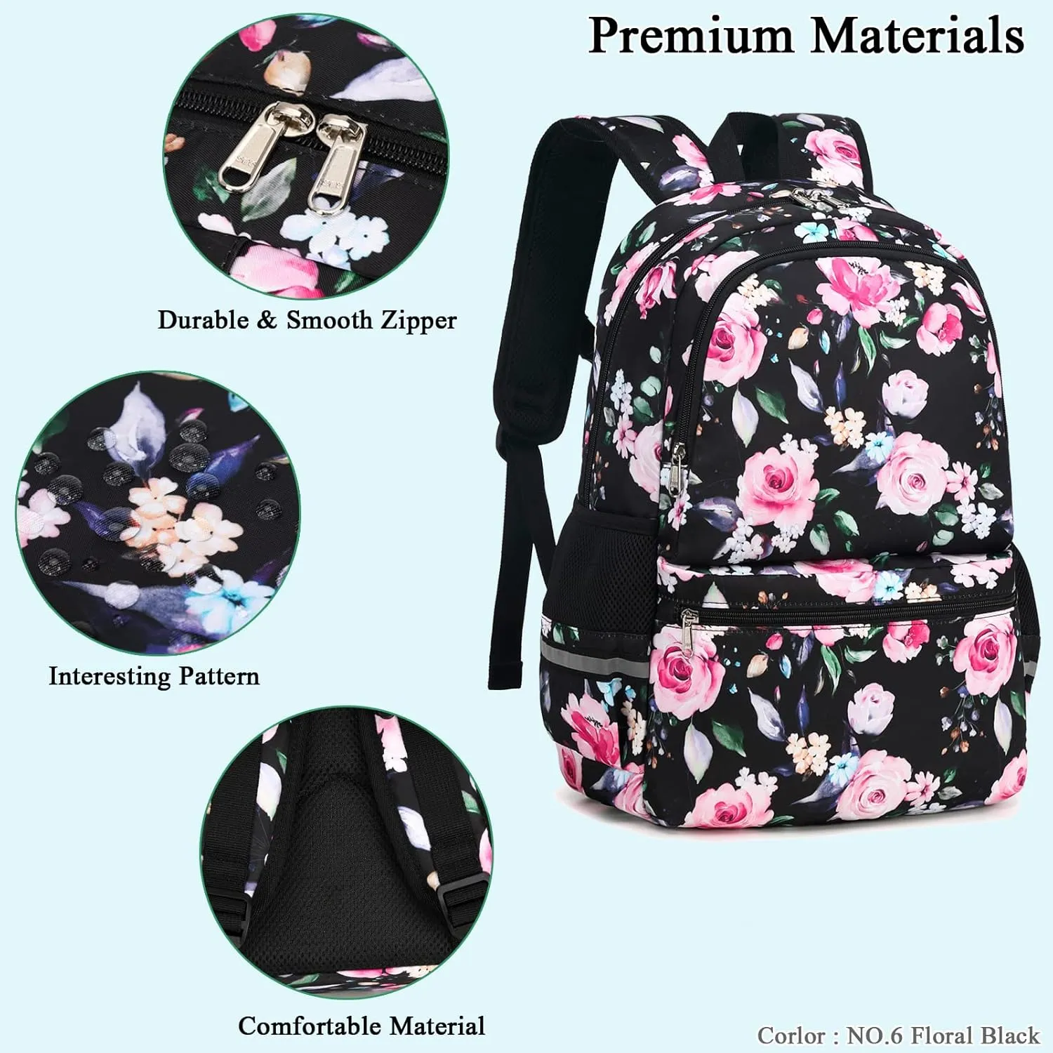 Octsky Backpack for Girls Kids Teens School Bookbags with Lunch Box Water-repellent Lightweight Floral Lake
