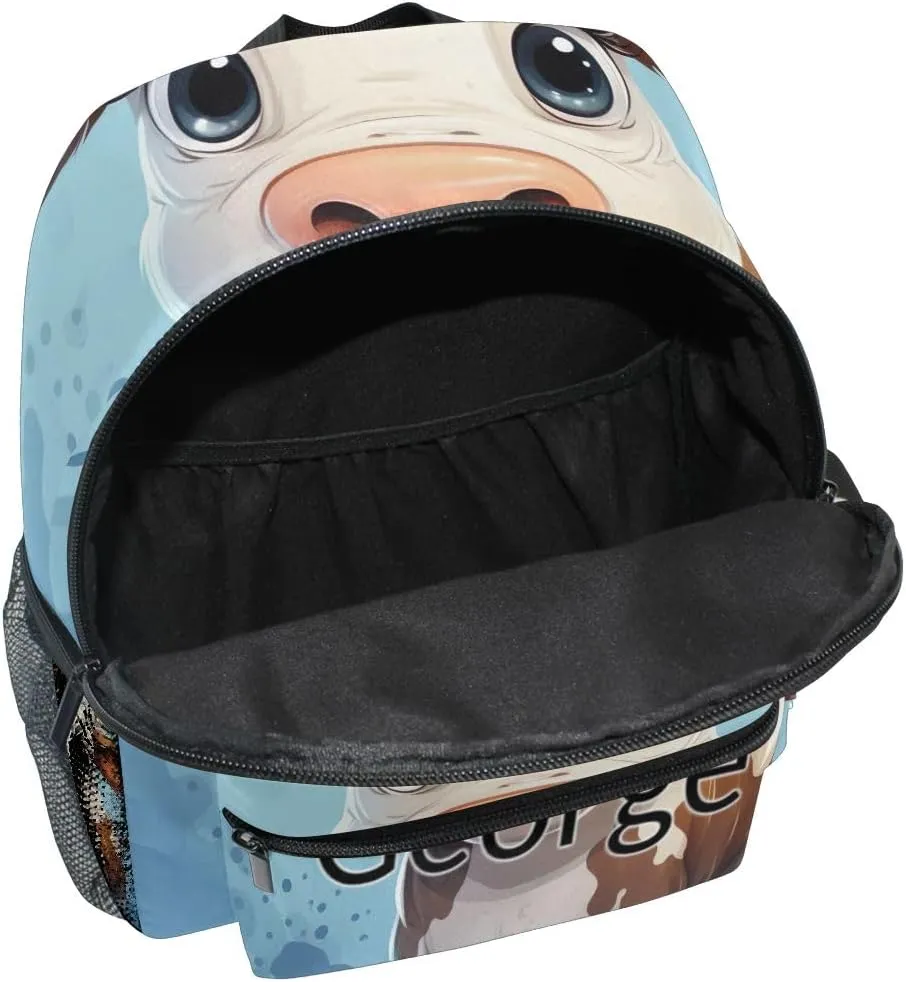 ODAWA Custom Cartoon Cute Cow Blue Kids Backpack Purse Personalized Name on Toddlers Backpacks Boys