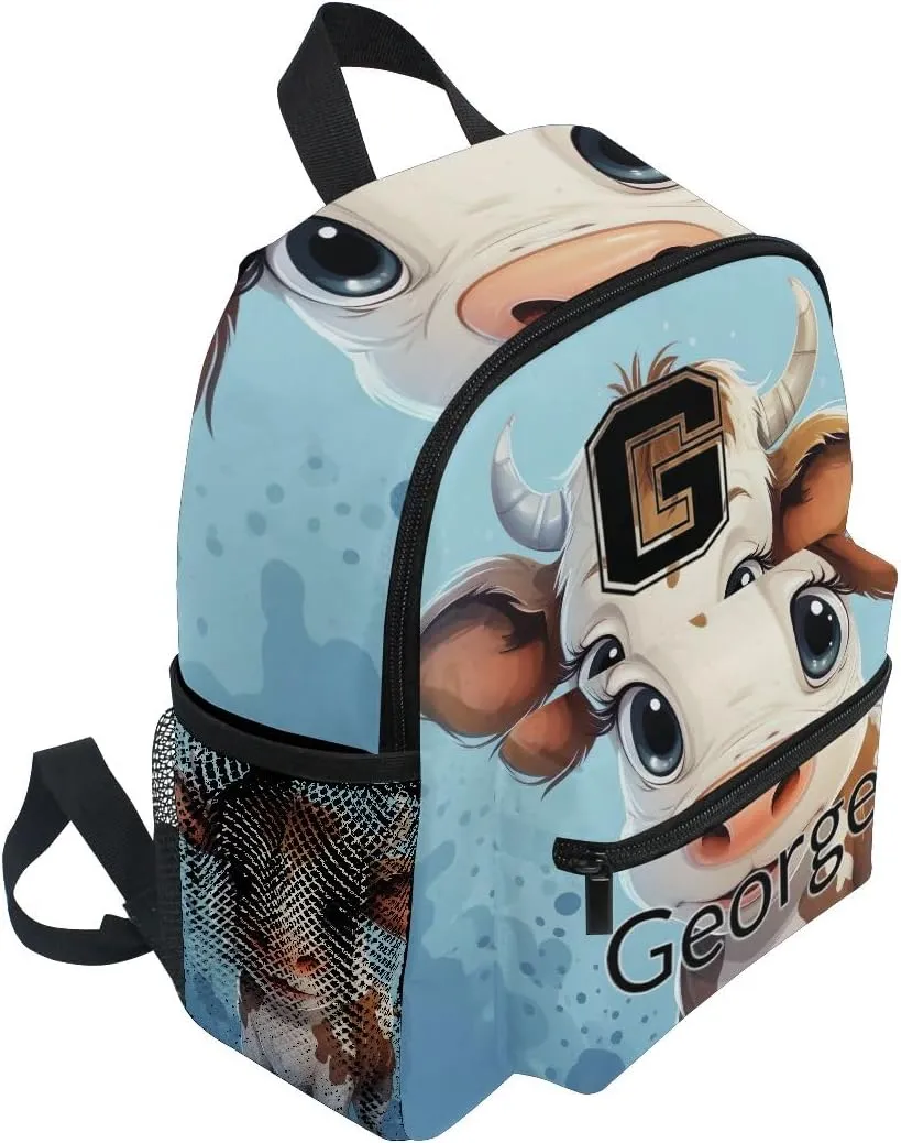 ODAWA Custom Cartoon Cute Cow Blue Kids Backpack Purse Personalized Name on Toddlers Backpacks Boys