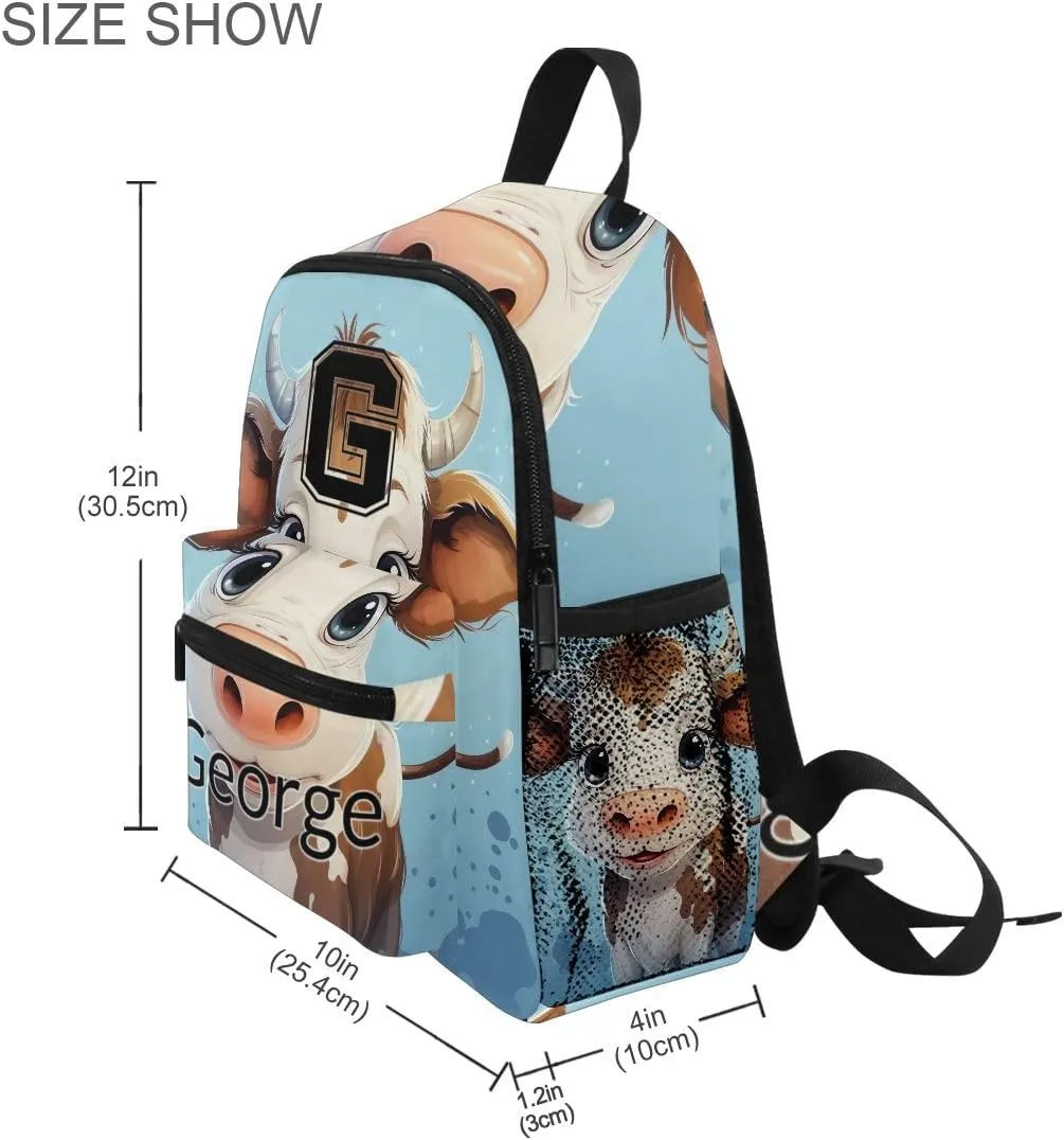 ODAWA Custom Cartoon Cute Cow Blue Kids Backpack Purse Personalized Name on Toddlers Backpacks Boys