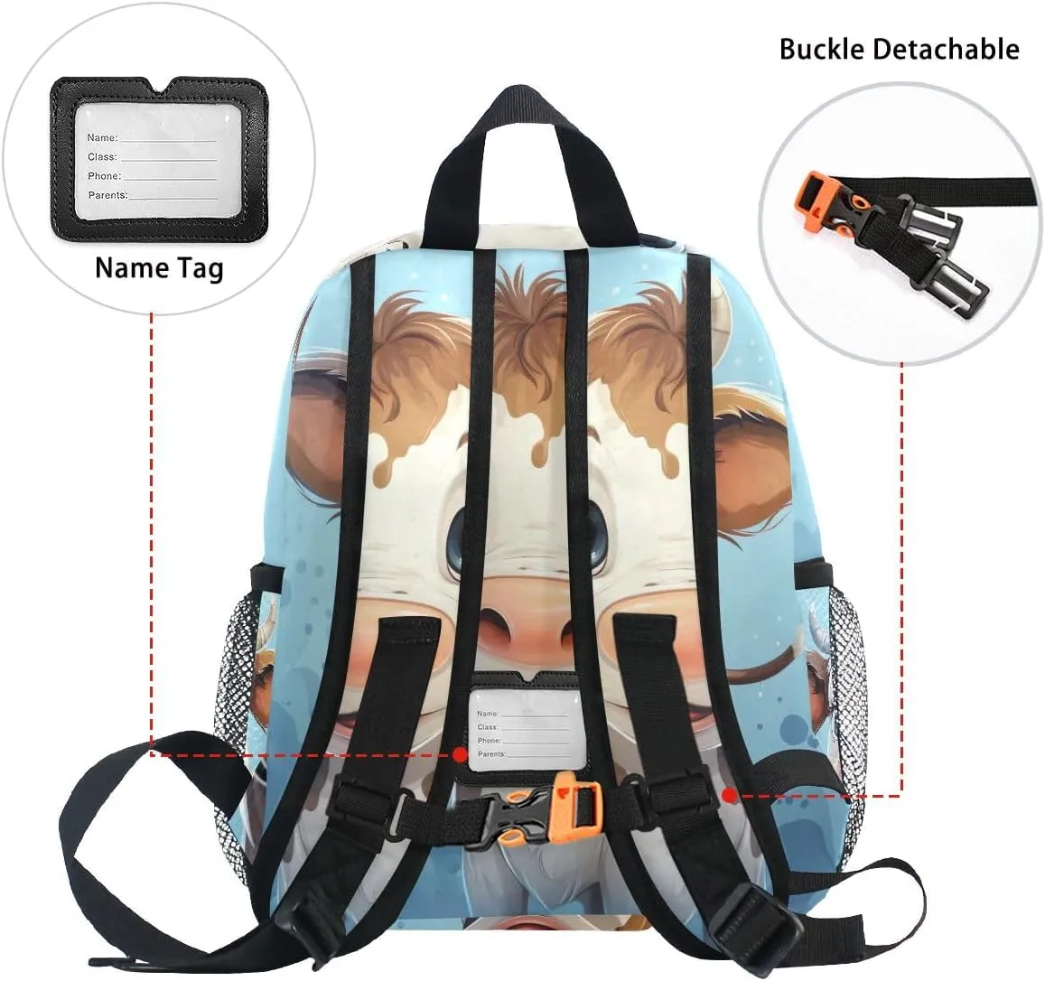 ODAWA Custom Cartoon Cute Cow Blue Kids Backpack Purse Personalized Name on Toddlers Backpacks Boys