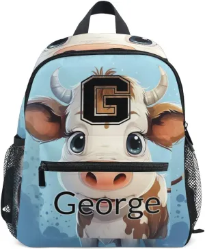 ODAWA Custom Cartoon Cute Cow Blue Kids Backpack Purse Personalized Name on Toddlers Backpacks Boys