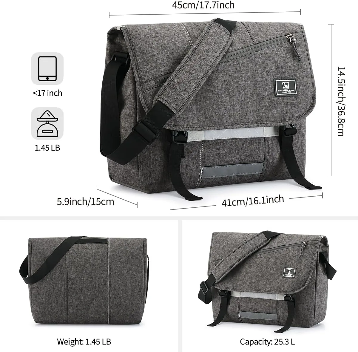 OIWAS Messenger Bag for Women, 17 Inch Laptop Crossbody Bags Men Casual Satchel Shoulder Bag College Travel Office Briefcase (Grey, 17 inch)