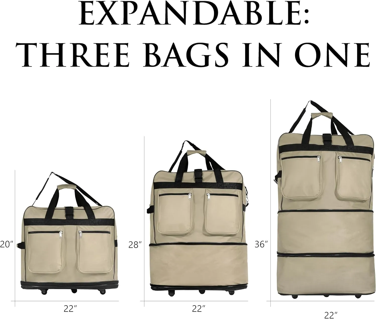 (Pack of 2) 36"" Duffle Bag Expandable Rolling Lightweight Wheeled Spinner Suitcase Luggage for Travel and Storage, Khaki, Wheelbag36