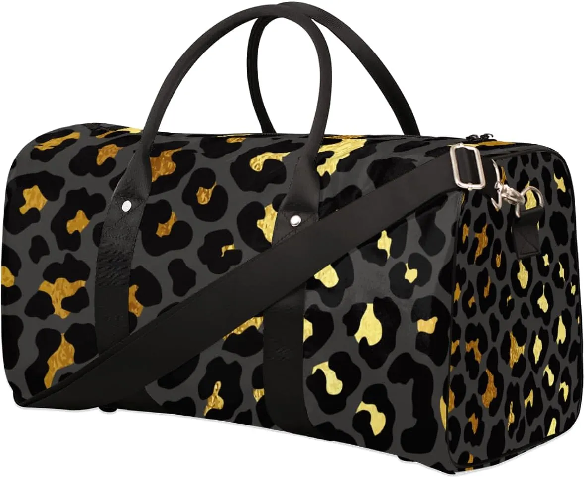 Pardick Travel Duffel Bag for Women Men Black Gold Leopard Cheetah Sport Gym Tote Bag Lightweight Weekender Overnight Bag Workout Bag Waterproof Foldable Carry on Luggage Handbag for Traveling Yoge