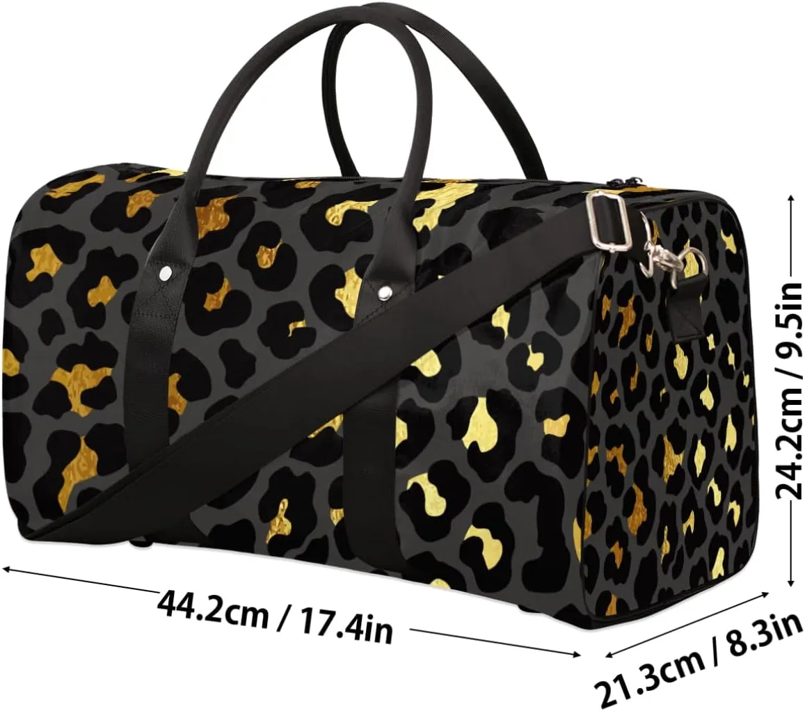 Pardick Travel Duffel Bag for Women Men Black Gold Leopard Cheetah Sport Gym Tote Bag Lightweight Weekender Overnight Bag Workout Bag Waterproof Foldable Carry on Luggage Handbag for Traveling Yoge
