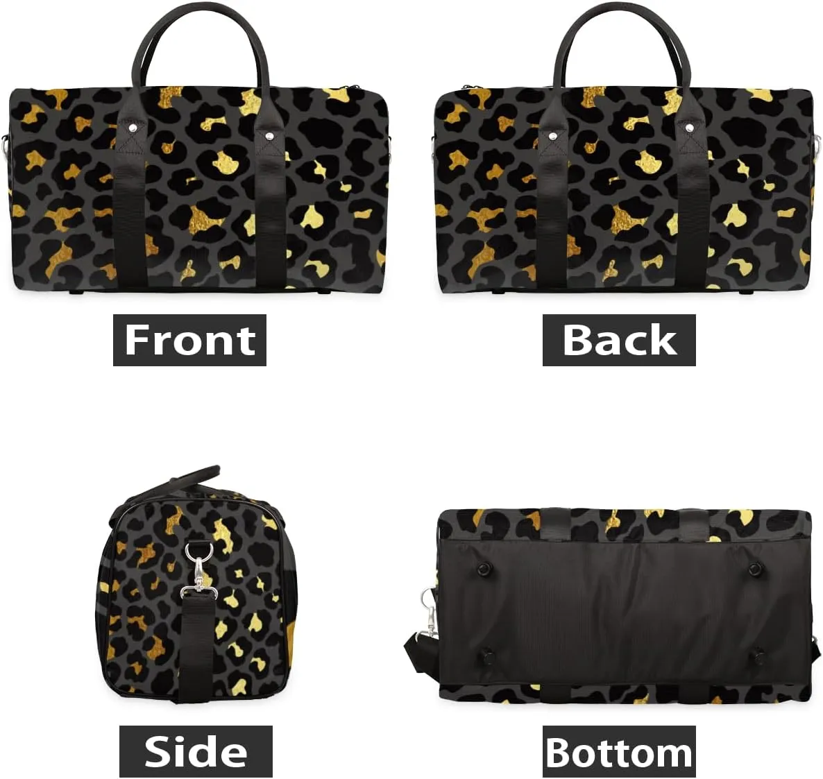Pardick Travel Duffel Bag for Women Men Black Gold Leopard Cheetah Sport Gym Tote Bag Lightweight Weekender Overnight Bag Workout Bag Waterproof Foldable Carry on Luggage Handbag for Traveling Yoge