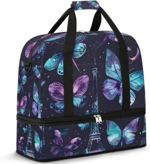 Paris Tower Butterfly France Travel Duffel Bag for Women Men Weekender Overnight Bag with Shoe Compartment Foldable Sports Gym Luggage Bag