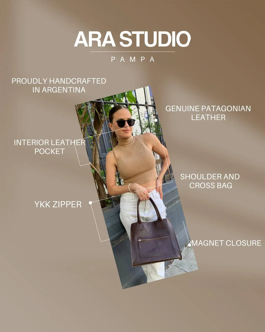 Patagonia Genuine Leather Shoulder and Cross body Handbags Handcrafted by Skilled Argentine Hands - Pampa