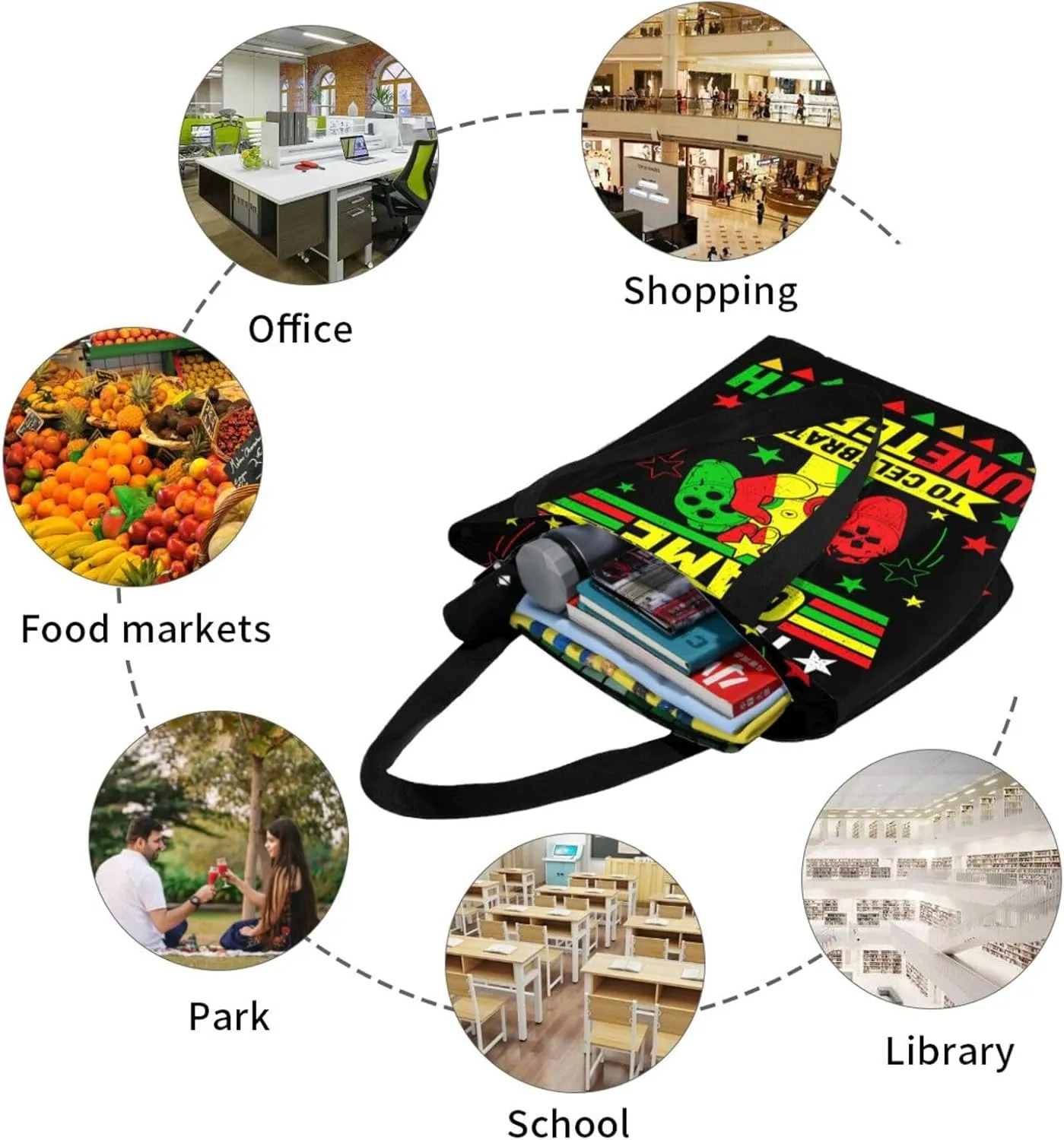 Peace Love Juneteenth Black Freedom Women's Tote Bag Lightweight Shopping Handbag Travel Shoulder Bag With Zipper